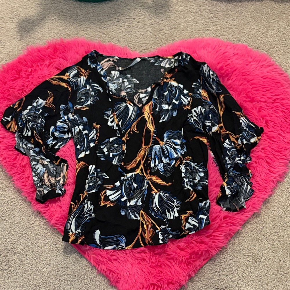 LC Lauren Conrad Black and Blue Floral Blouse
